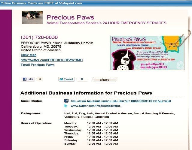 Precious Paws Animal TRansportation, Gaithersburg MD