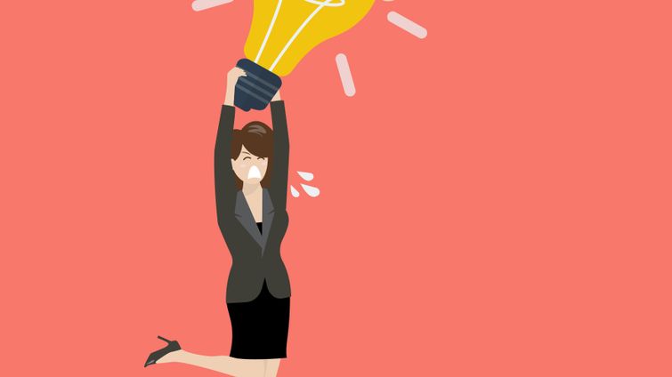 illustration of woman in business suit struggling to hold giant lightbulb over her head