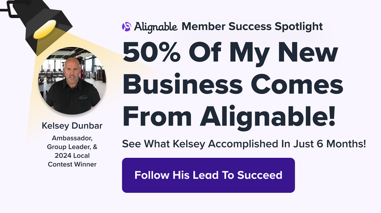 kelsey dunbar's testimonial promo about getting 50% of his new business from Alignable 