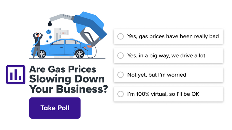 March 2024 poll for small businesses from Alignable, third image asking if rising gas prices are causing issues