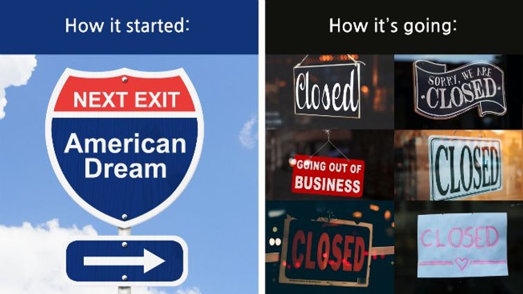 american dream on road sign next to closed signs on businesses