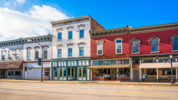 colorful storefronts on main st in sun