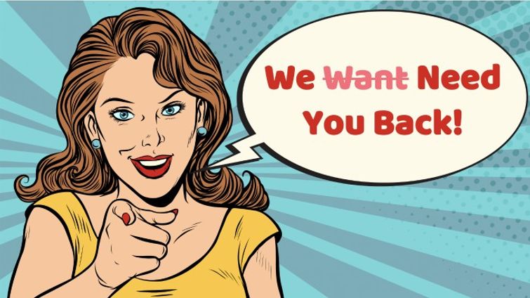 we need you back vector of woman in yellow shirt pointing 