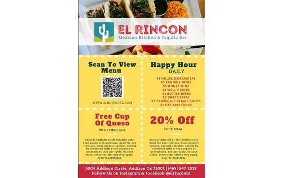 *Addison Location ONLY* Free cup of Queso & 20% off by El Rincon ...