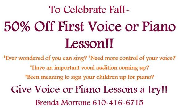 50% Off First Voice or Piano Lesson by Brenda Morrone Vocal Coach in ...