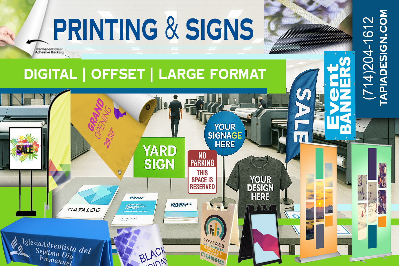 Imprenta Tarjetas Letreros Lonas en Anaheim Garden Grove Fullerton Buena Park Orange County CA with Tapia Design - Printing & Logo Design Services-Banners-Displays-Signs printing in Anaheim, California