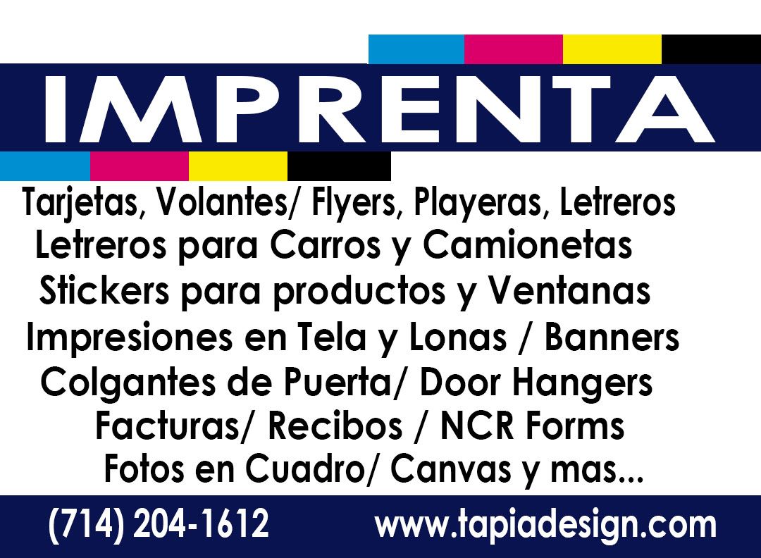 Imprenta en Orange County CA Imprenta Local en Orange County CA with Tapia Design - Printing & Logo Design Services-Banners-Displays-Signs printing in Anaheim, California