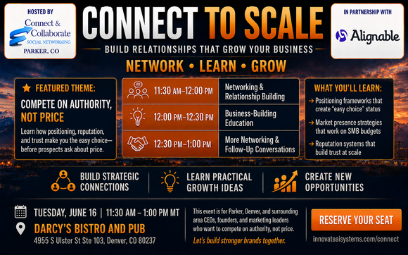 Connect to Scale - networking -  Be the Obvious Choice: How to Win on Authority, Not Price with Innovate Ai Systems: Want 10+ Hours Back Every Week? AI + Human Potential Tools to Grow Faster Without Burnout.