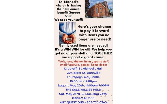​Mark your calendar! May 20th is drop off your items to help St. Michael’s Church's garage sale with Boost Your Health Wellness Center, Lowbanks, ON