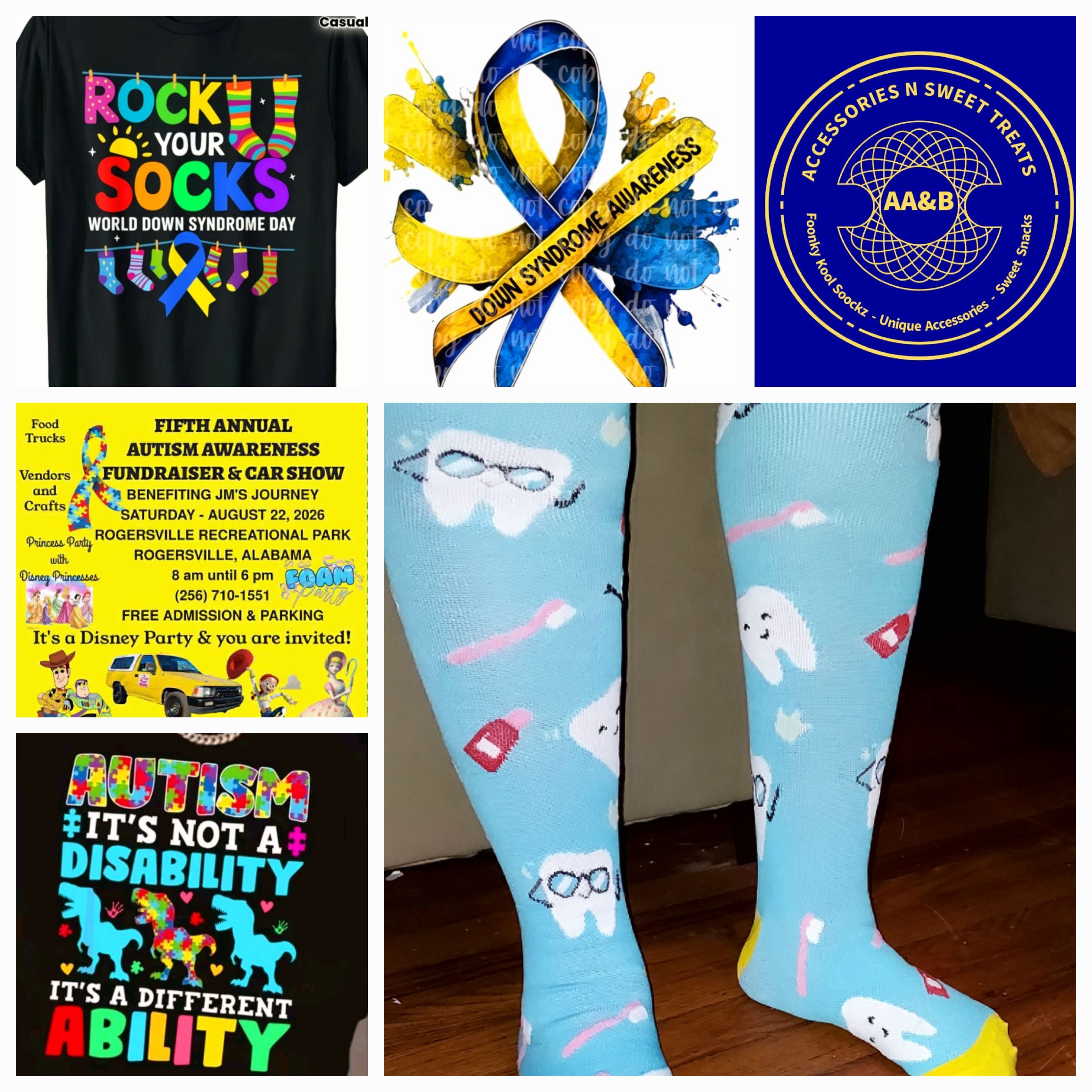 AA&B Accessories New Rock Your Sock Tee promoting World Down Syndrome Awareness 2026 with AA&B Accessories n Sweet Treats