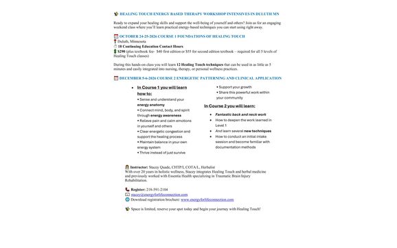 upcoming Healing Touch Energy based therapy classes in Duluth  with Energy for Life Connection
