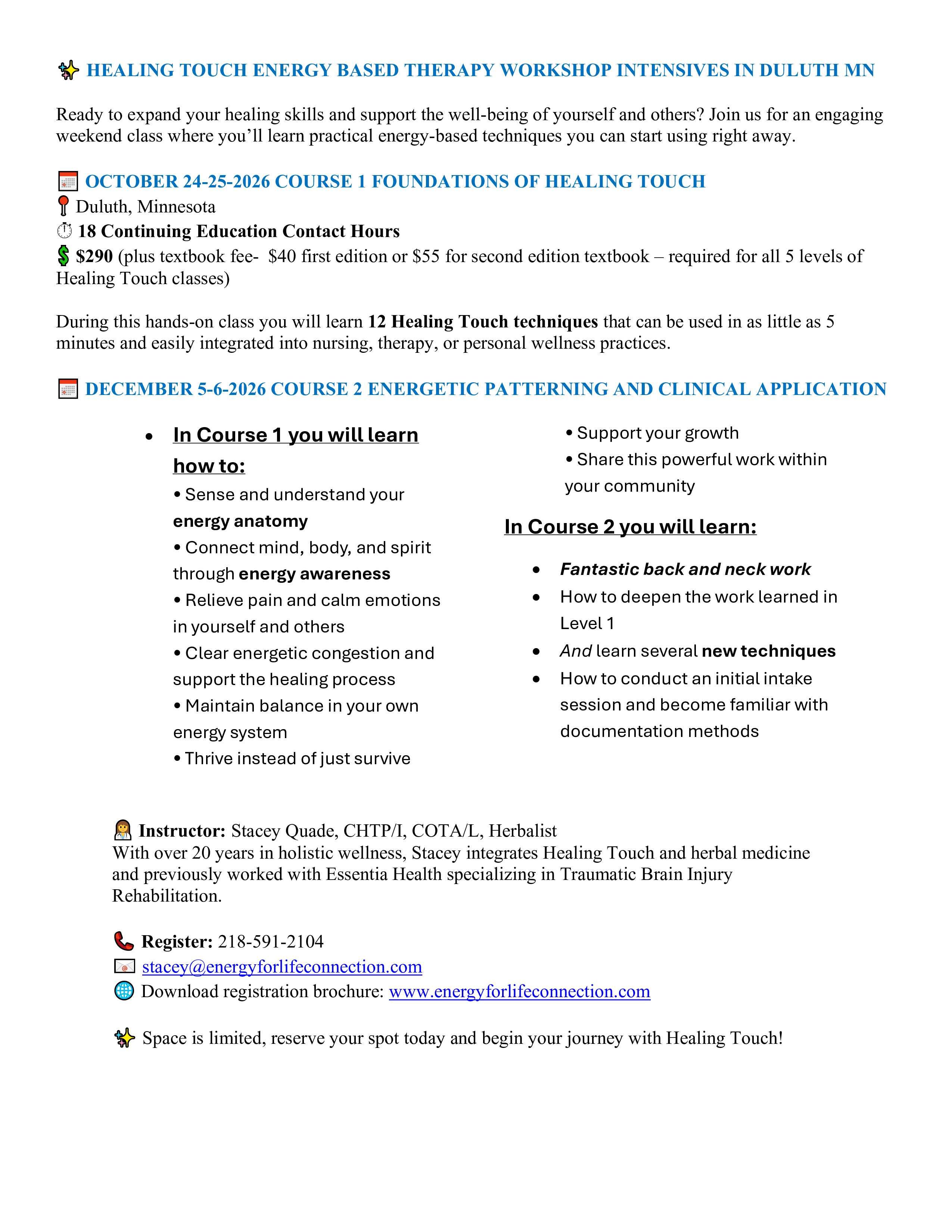 upcoming Healing Touch Energy based therapy classes in Duluth  with Energy for Life Connection