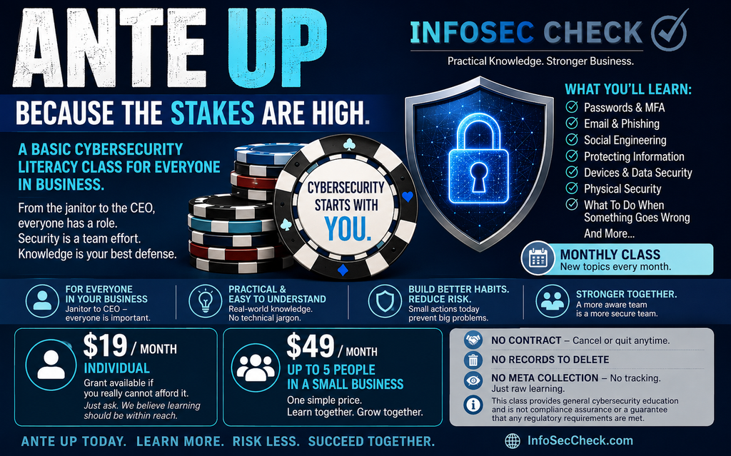 Ante Up - Because The Stakes Are High! September 30th 8 AM -9 AM with Infosec Check