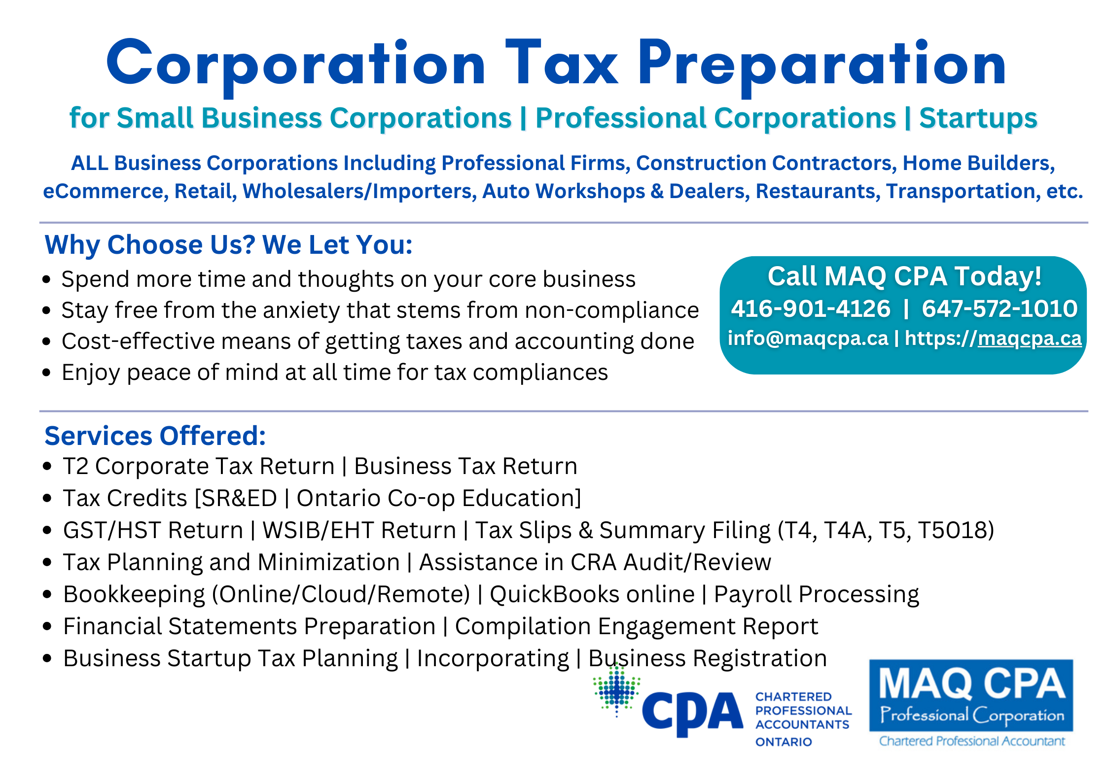 Corporation Tax Returns | Tax Accountants Scarborough with MAQ CPA Professional Corporation