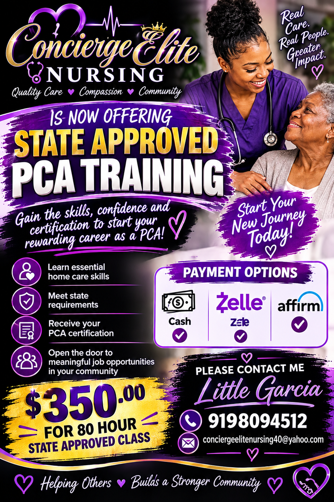Offering Pca training with cpr included with Concierge elite nursing