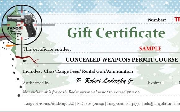 GIFT CERTIFICATE by Tango Firearms Academy LLC in Longwood FL Alignable