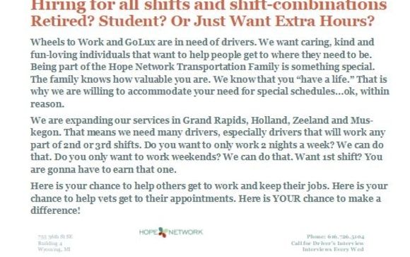 Weekly Interviews for Drivers by Hope Network Transportation