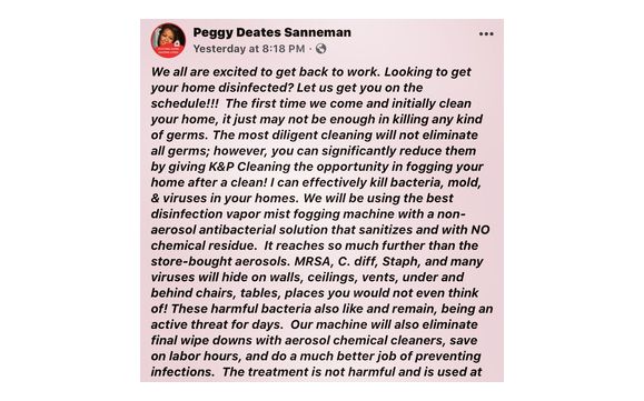 Looking to have your home or office disinfected and sanitized. We can do it!  by K&P Cleaning Services LLC