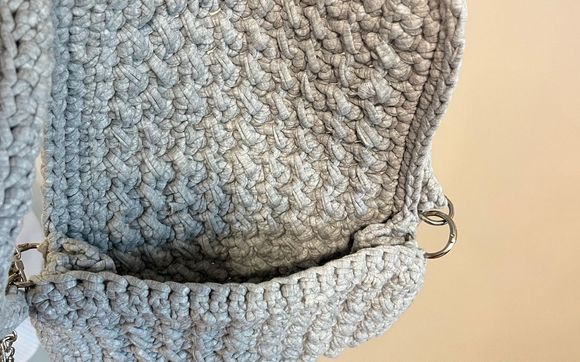 Crochet handmade gray bodycross bag. 10x14 opened by Teresa Orr