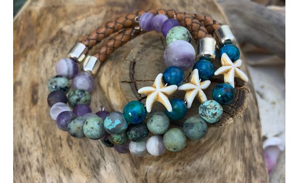 Amethyst, African Turquoise, Blue Lace Agate, White Howlite Turquoise Starfish leather wrap bracelet  by Strength and Purity Jewelry Creations