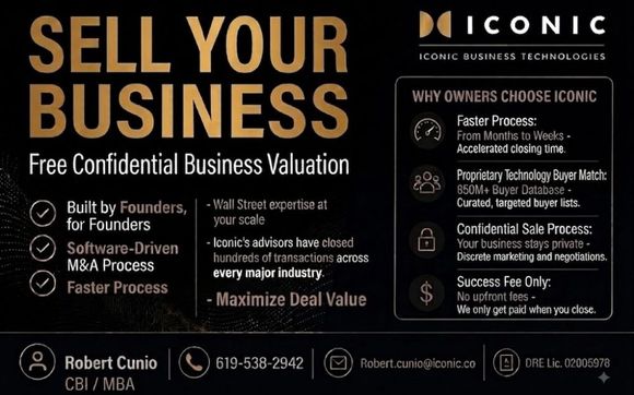 Technology Based Business Brokerage and Advisory Services by Robert Cunio CBI/MBA, Sr Business Broker/Advisor, Iconic Business Technologies, Inc, DRE License 02005978