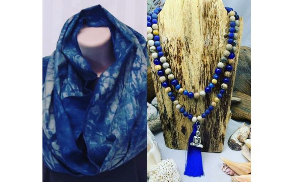 Hand Dyed Upcycled Infinity scarf and Lapis Mala combo by Strength and Purity Jewelry Creations
