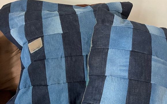 Upcycyle denim lapghan and pillow  by Teresa Orr