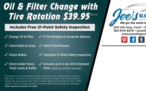 Oil & Filter Change with Tire Rotation $39.95  by Joe's Slinger Service LLC