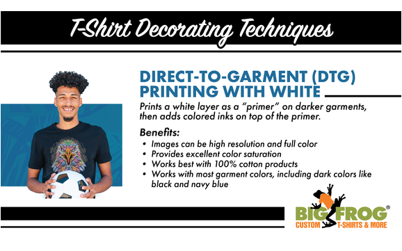 Direct-to-Garment White Ink (DTGW) Garment Printing by Big Frog Custom T-Shirts & More
