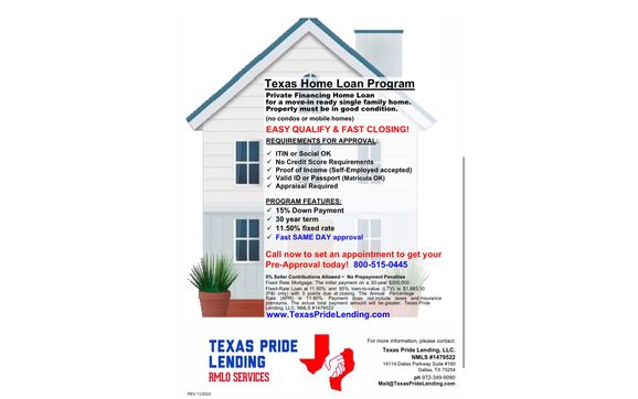 Texas Home Loan Program by RMLO for Seller Finance Originations in