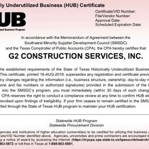 HUB Certification  by G2 Construction Services, Inc.