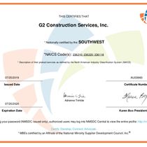 MBE Certification  by G2 Construction Services, Inc.