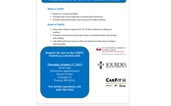 Carfit being hosted at Pontiac Bowen Center by Lourdes Senior Community