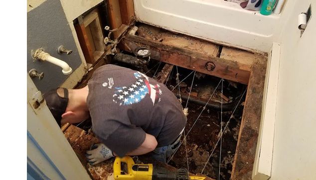 Leaky toilet ruined floor and sub floor by Mr. J's Handyman Services LLC