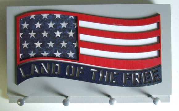 American Flag Key Chain Rack with Four Aluminum Pegs Laser Cut Patriotic U.S 