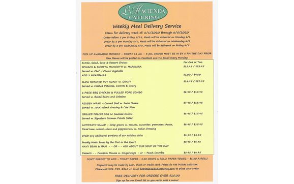 WEEKLY MEAL DELIVERY MENU by La Hacienda Catering