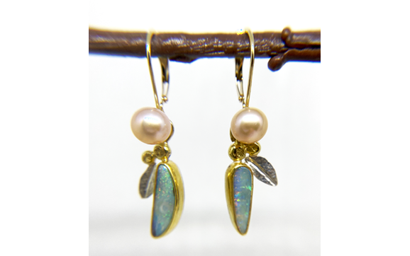 Boulder Opal, Fresh water Pearl, 18K,14Y gold Jewelry by Barbara Smith McLaughlin - Fine Jewelry