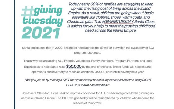 This #GIVINGTUESDAY consider a gift to #SANTACLAUSINC to help 235,000 children in poverty across the I E. by Santa Claus Inc.