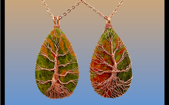 Tree of Life pendant, in copper wire, on unakite stone by Purple Air Frog Arts