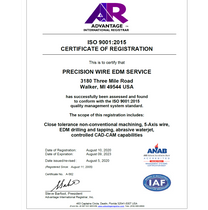 ISO 9001 Certified by Precision Wire EDM Service. Laser, Waterjet, CNC, and Cryogenics