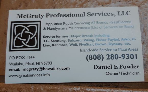 Appliance Repairs, install and used by McGraty Professional Services, LLC