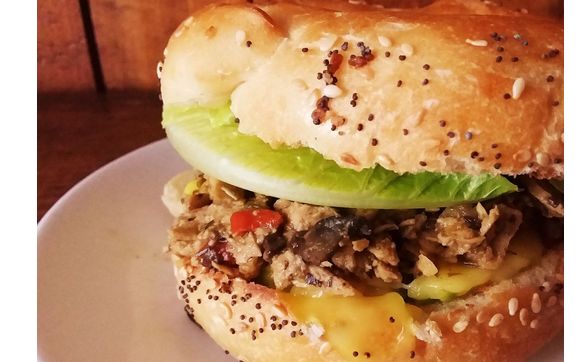 Chik'n Portabello Sandwich. Also, Root Shrimp, Jackfruit Tuna and BBQ Jackfruit! by The CARDINAL Herbs, teas and Spices