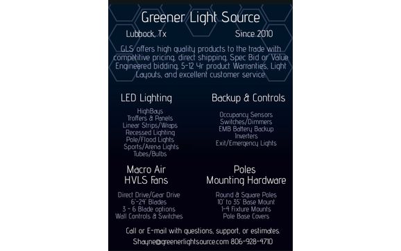LED Lighting, Controls, Inverters, HVLS fans by Greener Light Source, LLC