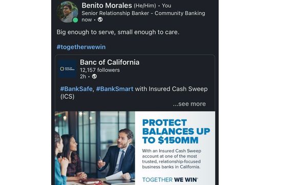 Insured cash sweep, protects up to 150 Million.  by BUSINESS BANKER 
