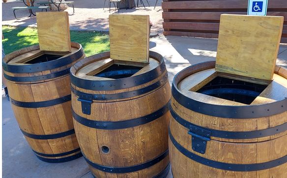 custom wine barrel trash can by Eagle Eye Barrels in Camp Verde, AZ