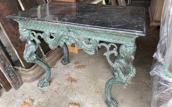 Greek revival table, black onyx top and bronze base by Beeson Hill Antiques