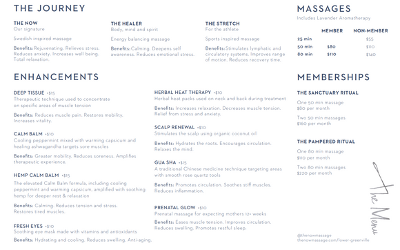 Three Swedish based Massage offerings that can be customized with enhancements by The NOW Massage