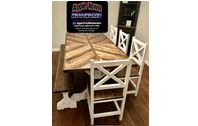 AppleTown design top on farmhouse base, straight back chairs, bench by Apple Town Woodworks