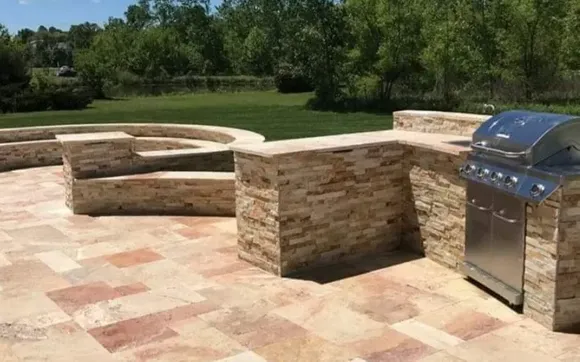 Travertine pavers .. outdoor entertainment areas by The paver doctor LLC