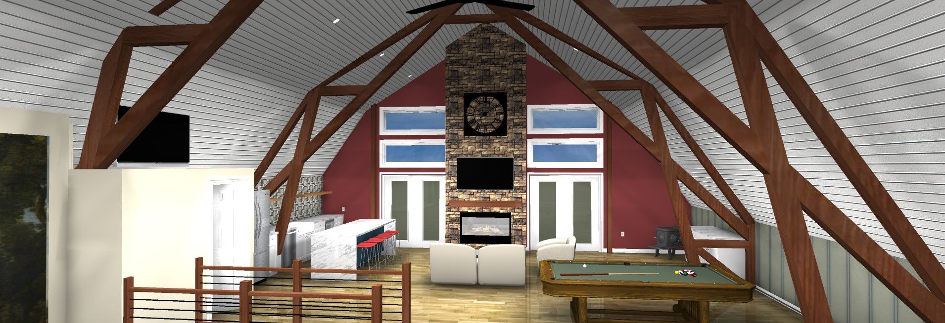 Timber frame great room — interior 3D rendering by 711 Custom Home Designs
